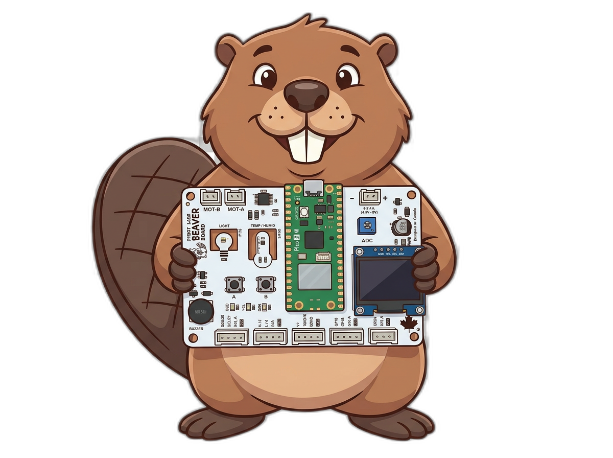 Beaver mascot holding the PyBot Beaver Board